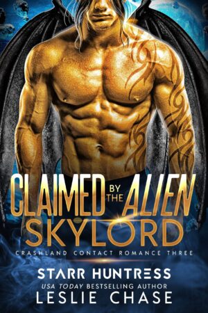 Cover of Claimed by the Alien Skylord, a gold-skinned man with black wings and long dark hair, tribal tattoos on his left arm