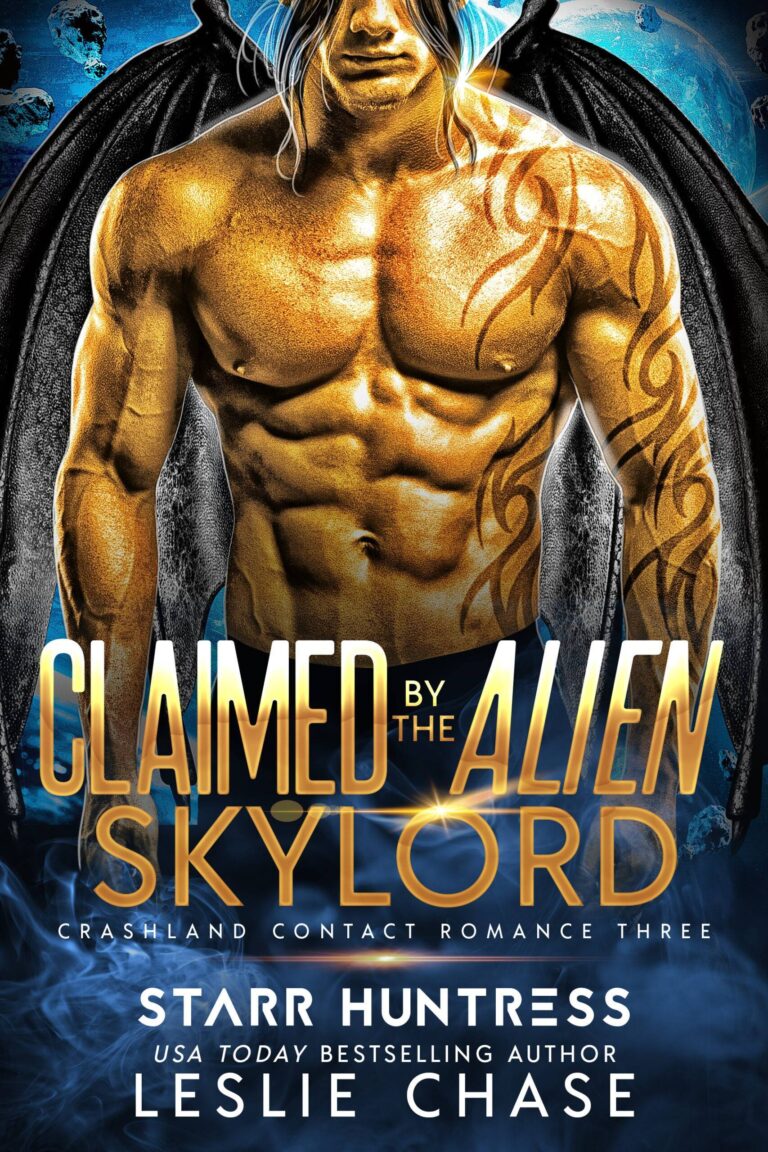 Cover of Claimed by the Alien Skylord, a gold-skinned man with black wings and long dark hair, tribal tattoos on his left arm