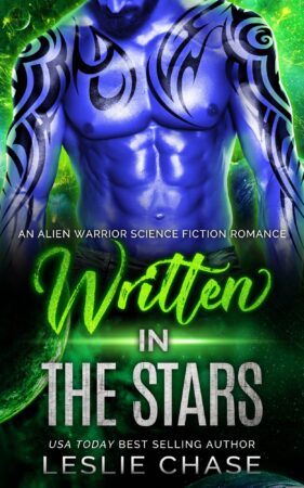 Written in the Stars cover, with a bare-chested, muscular blue skinned alien. Black abstract tattoos.
