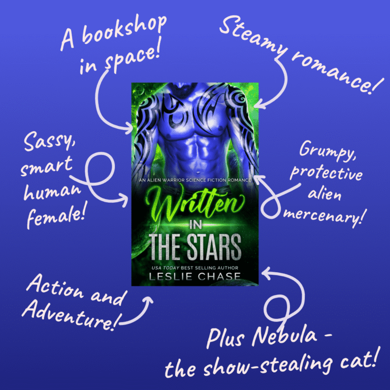 The cover of Written Among the Stars on a blue background, surrounded by features of the book: A bookshop in space; Steamy Romance; Sassy, smart human female; Grumpy, protective alien mercenary; Action and Adventure; Plus Nebula — the show-stealing cat