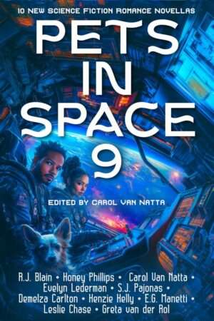 Cover of Pets in Space 9, featuring a spaceship cockpit with two human astronauts and their pet dog.