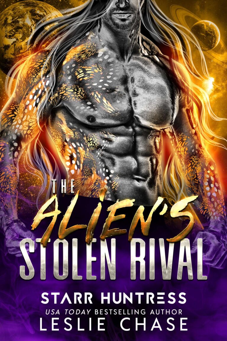 Cover of The Aliens Stolen Rebel, by Leslie Chase and Starr Huntress, featuring a muscular, silver-skinned alien warrior against a starburst background